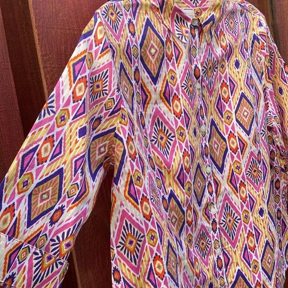 Chico’s Ikat Linen Button-Back Shirt % Linen No Iron Women’s Size L - Picture 7 of 16
